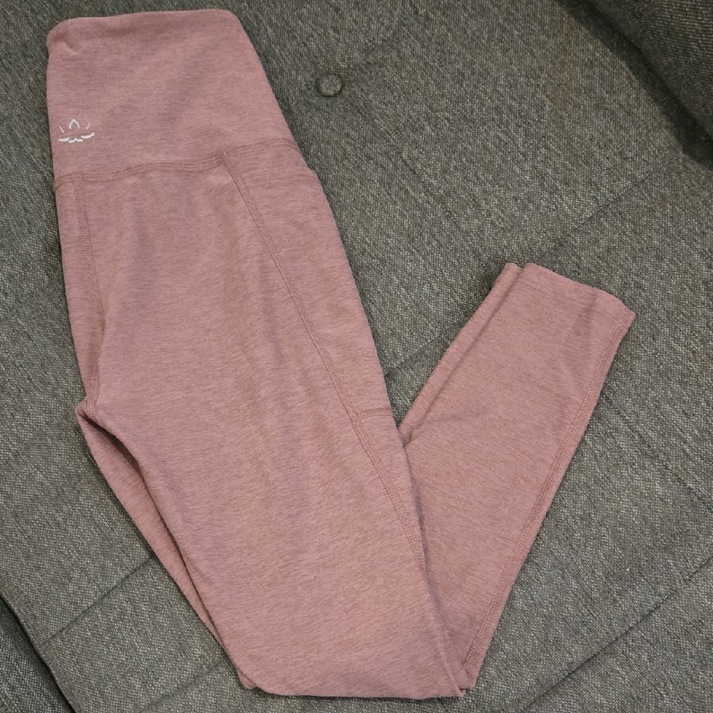Beyond Yoga Neutral Taupe Leggings with Subtle White Logo